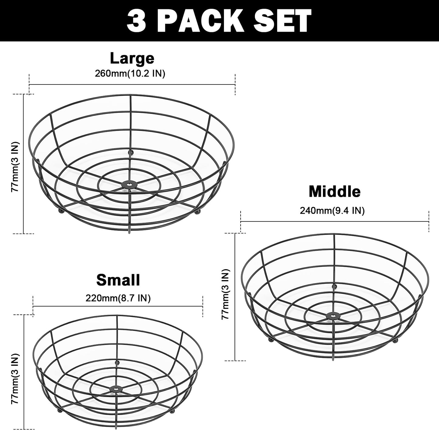 Livabber Wire Fruit Bowl, Metal Fruit Basket For Kitchen Counter, Large Capacity Storage Holder Tabletop Organizer For Vegetables Breads Snacks (Black, 3 Pack)