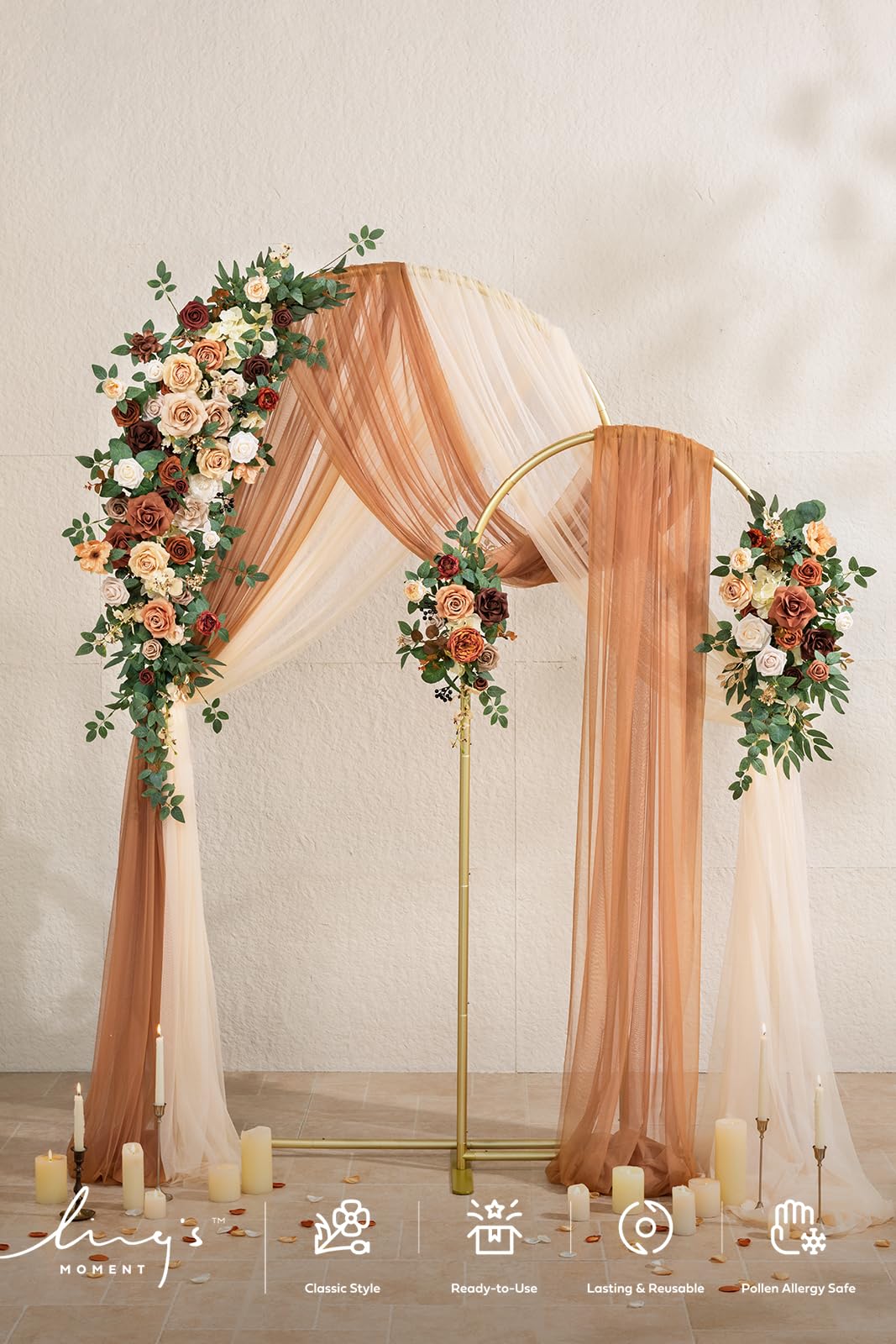 Ling's moment Wedding Arch Backdrop Stand with Flowers - 7.2FT, 6FT Set of 2 Metal Arch Frame with Drape for Ceremony Decor - Artificial Floral Birthday Party, Bridal Shower, Terracotta Orange