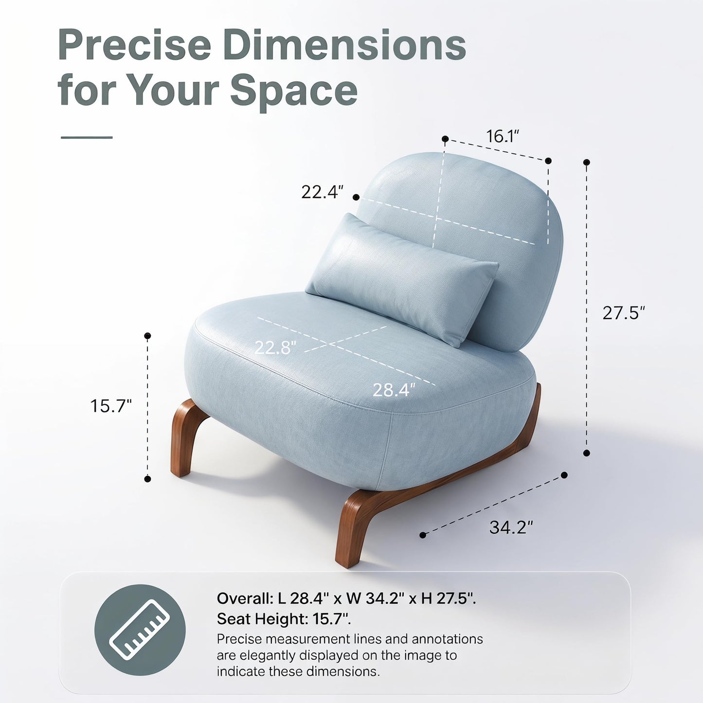 Trygoal Mid Century Modern Leather Armless Accent Chair, MCM Curved Back Lounge Chairs with Tilted Solid Wood Legs & Thick Lumbar Pillow, Single Cloud Sofa for Living Room Reading Nook (Blue)