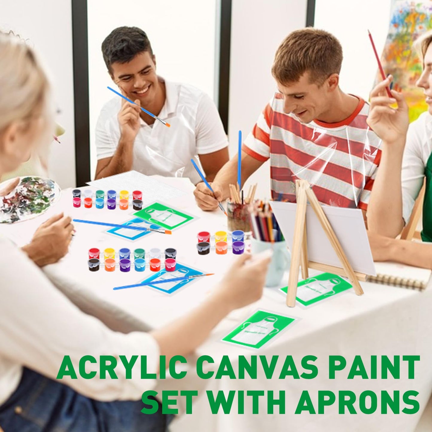 ESRICH 2 Pack 8x10 Canvas and Easel Set, Mini Acrylic Paint, Paint Brushes, Palettes, Aprons, Sip and Paint Kits for Adults Couples Friends Date Night Painting Party Supplies