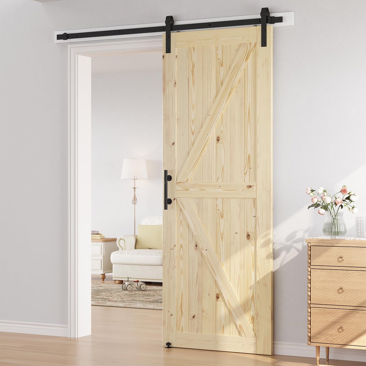 SMARTSTANDARD 36in x 96in Sliding Barn Door with 6.6ft Barn Door Hardware Kit Included, Unfinished Solid Spruce Wood Door, Assembly Required, DIY, Stainable, Natural