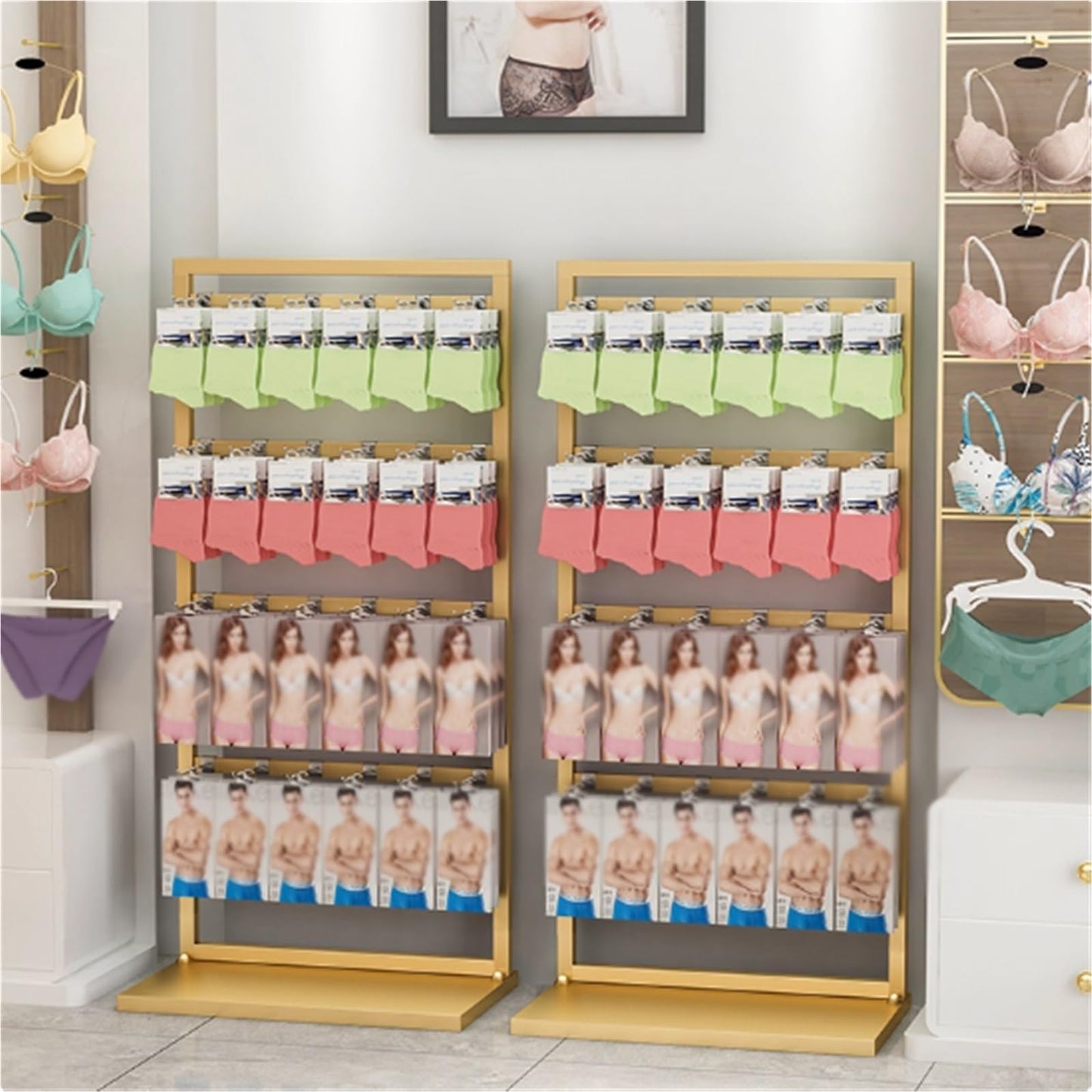 Freestanding Underwear Display Stands, Metals, Clothing Store Boutiques Retail Lingerie Garment Rack, Commercial Shelves, for Socks Bra Panties Scarves, 53in(Black)