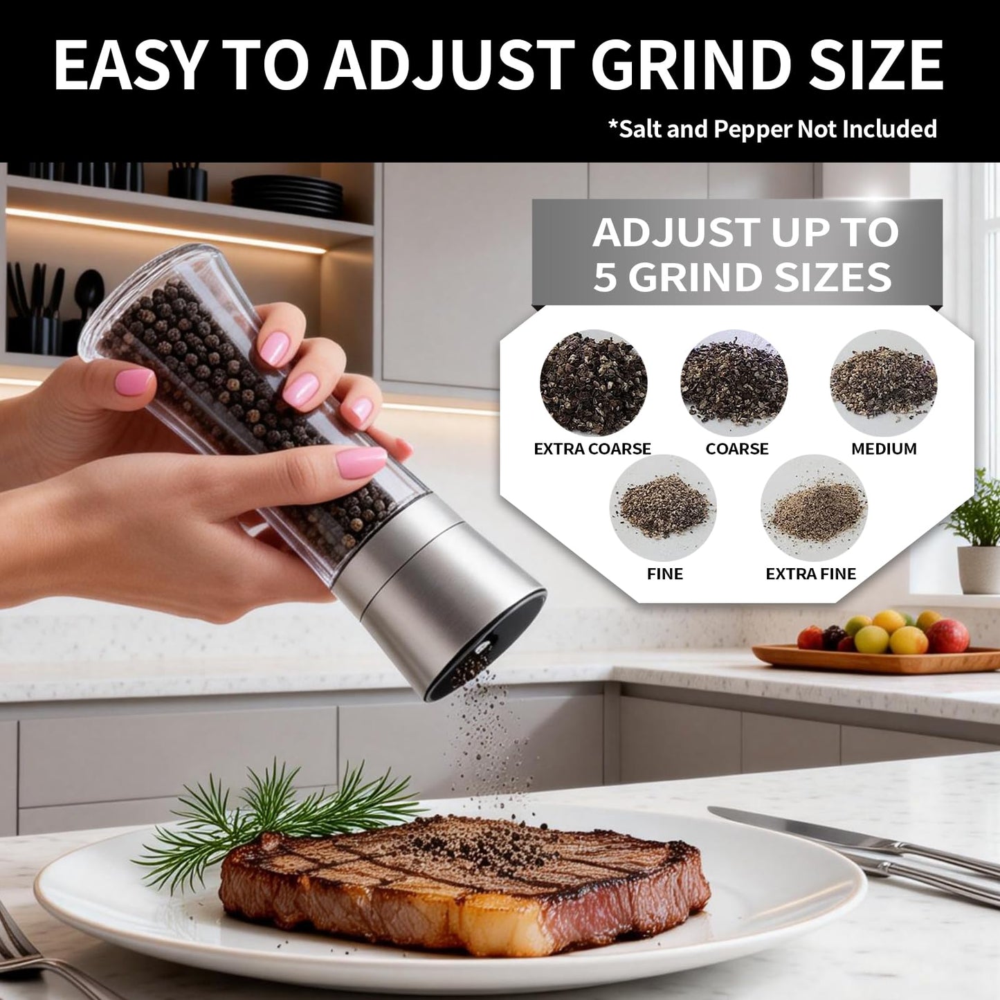 Premium Salt and Pepper Grinder Set of 2, Refillable Stainless Steel Spice Shakers with Adjustable Coarseness, Easy Clean Durable Ceramic Mills, Include Silicone Funnel & Cleaning Brush (7.5"H-2 Pack)