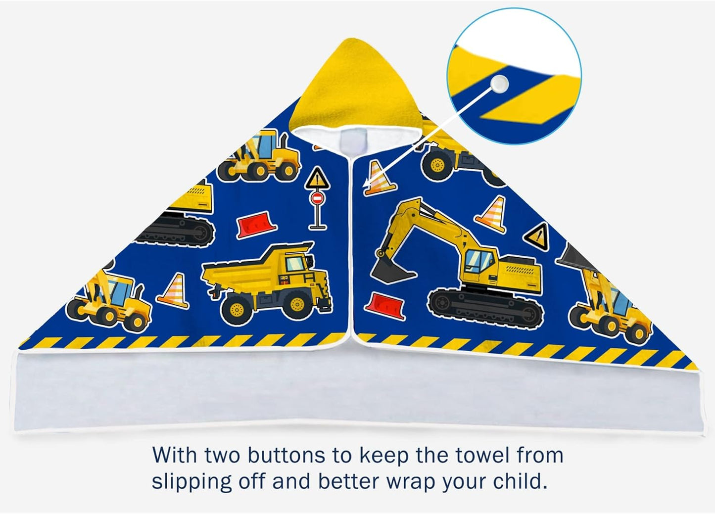 Kids Beach Towel with Hood - Excavators Vehicles Theme for Boys & Girls, Microfiber Soft Bath Poncho Wrap Robe
