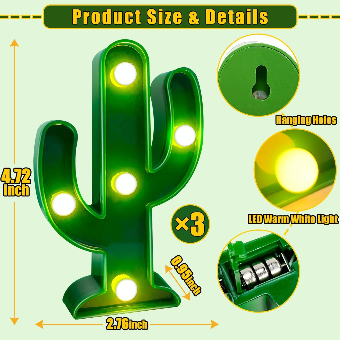 TURNMEON 3 Piece Cactus Decor LED Cactus Light Cinco De Mayo Decorations, Fiesta Mexican Party Decorations Green Cactus Night Light Table Lamps for Kid's Room Bedroom Home Decor (4.72 x 2.76 Inch)