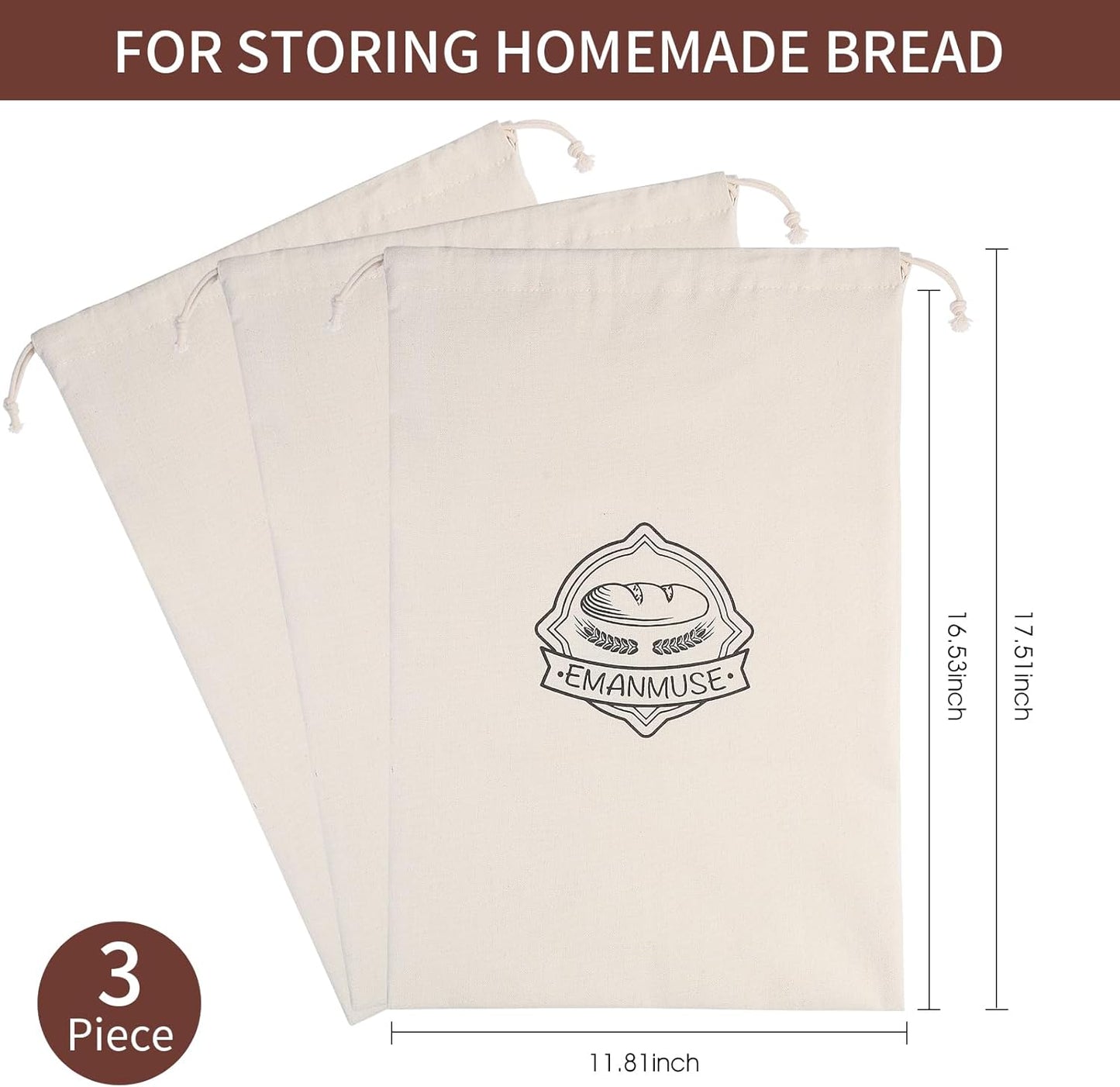 3-Pack 12x17.5 Inch Linen Bread Bags for Homemade Bread & Sourdough, Unbleached with TPU Lining - Reusable Washable