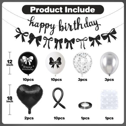 Bow Coquette Birthday Decorations - Black & Silver Party Set with Happy Birthday Banner & Heart Foil Balloons