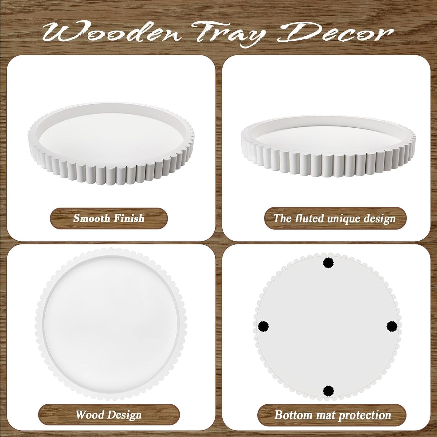 12in Handmade Decorative Tray for Coffee Table Tray Decor, White Wooden Decorative Round Tray for for Coffee Table
