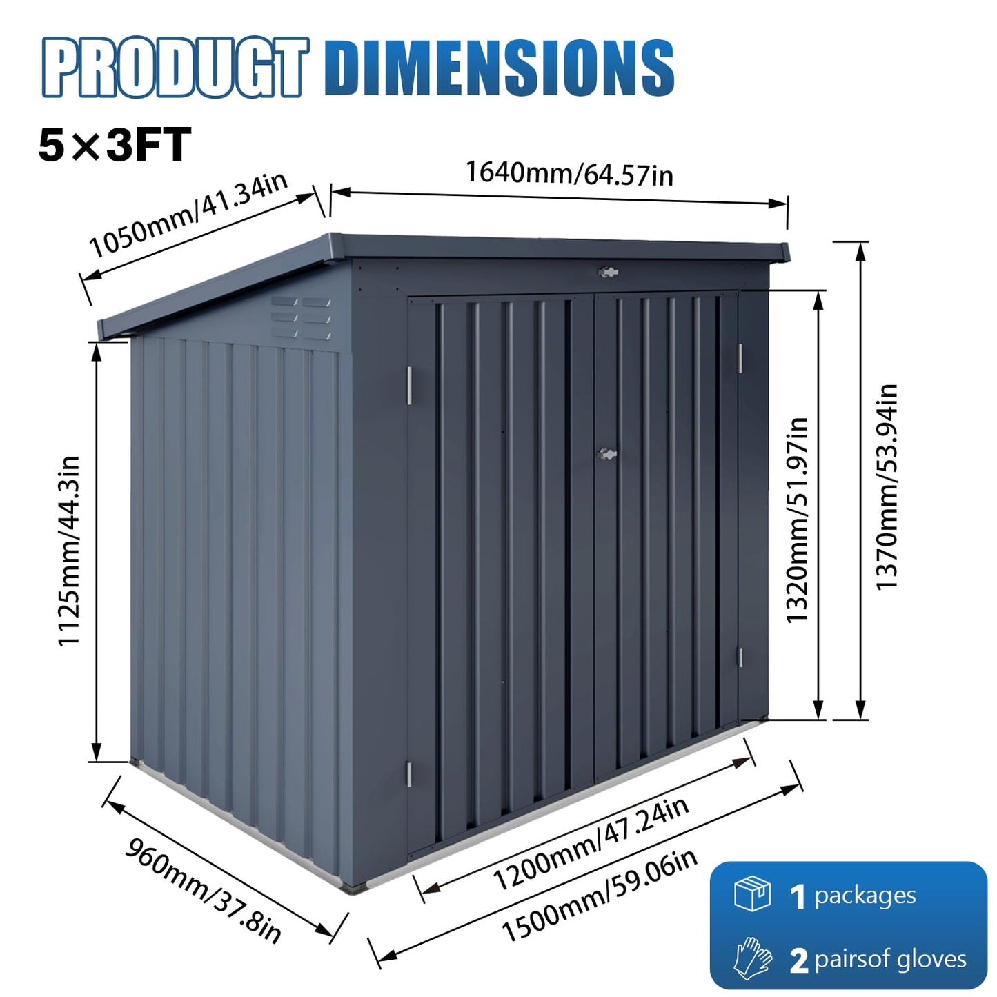 Outdoor Storage Shed with Dual Doors & Removable Top Lid, Metal Garden Tool Shed, Weather Resistant Waterproof Trash Can Bike Storage Organizer with Ventilation Sloped Roof Yard Utility Box