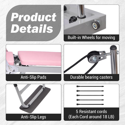 Pink Foldable Pilates Reformer Machine for Home Gym, Professional Workout Equipment with 5x18lb Springs for Beginners & Advanced Users,Quiet Home Pilates Equipment
