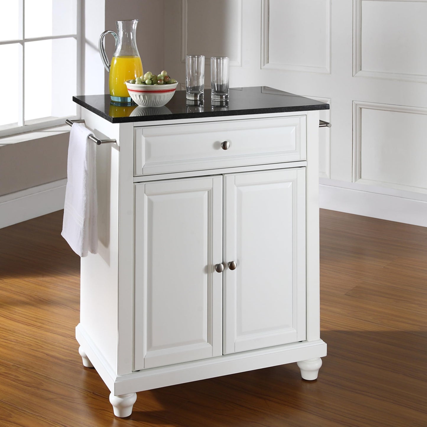 Crosley Furniture Cambridge Granite Top Small Portable Rolling Kitchen Island Storage Cart, Microwave Stand, White