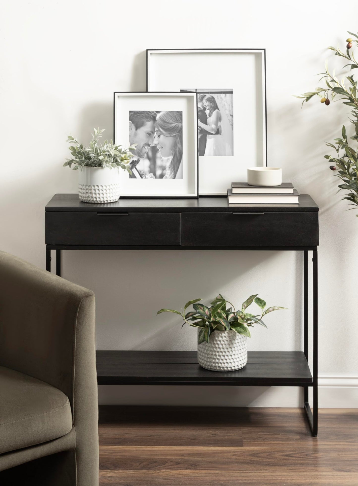 Kate and Laurel Malone Modern Wooden Console Table with Wood Shelf; 36 x 13 x 31; Black; Transitional Wood Entryway Table with Shelf and Drawers for Entry Storage Options
