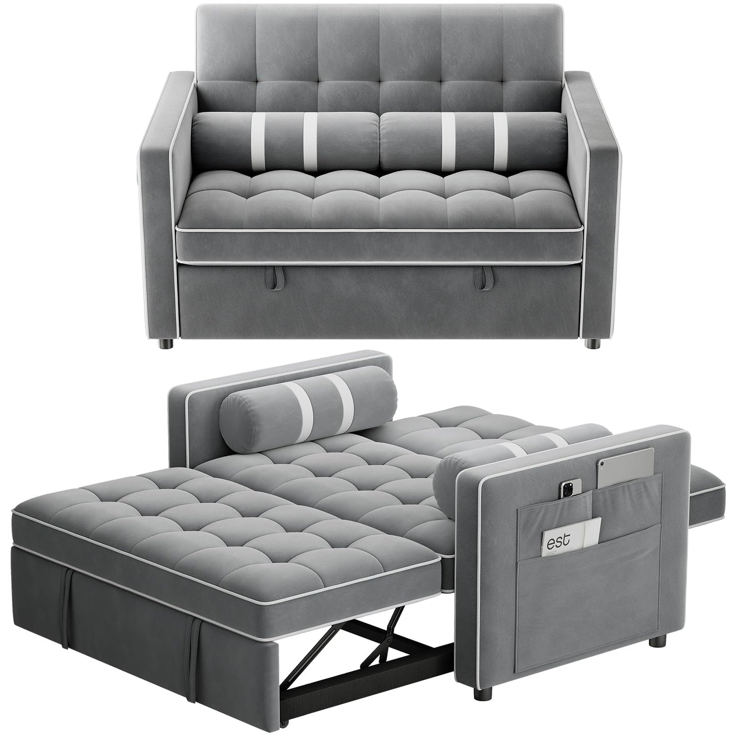 Marsail 3-in-1 Convertible Futon Sleeper Sofa Bed, Pull Out Couch with Adjustable Backrest, USB Charging & Side Pockets, Velvet Fabric Sofa for Living Room, Apartment, Loveseat, Grey