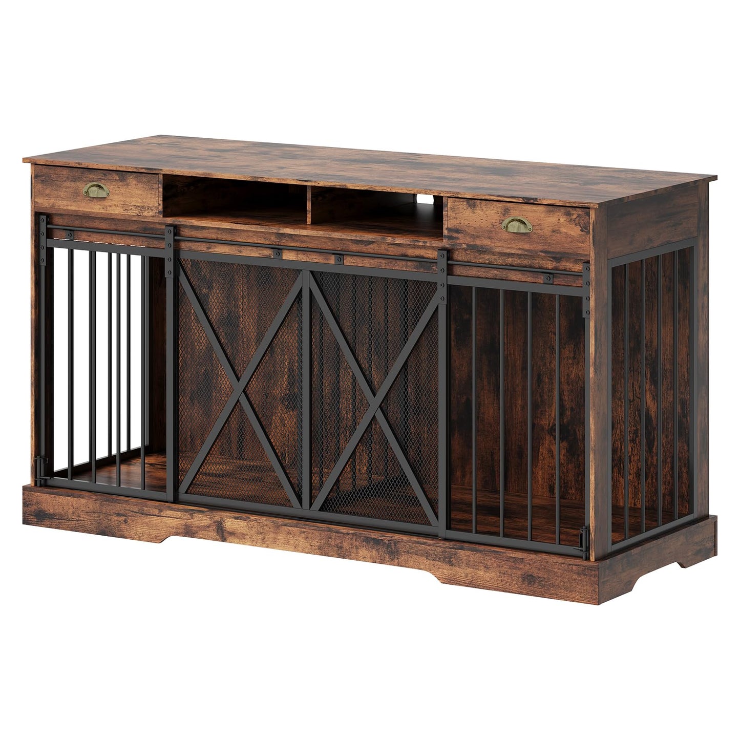 Garvee Double Dog Crate with Removable Divider, 63'' Extra Large Dog Cage Furniture with Sliding Doors & 2 Drawers, Multifunctional Indoor Pet House TV Stand for 2 Pets