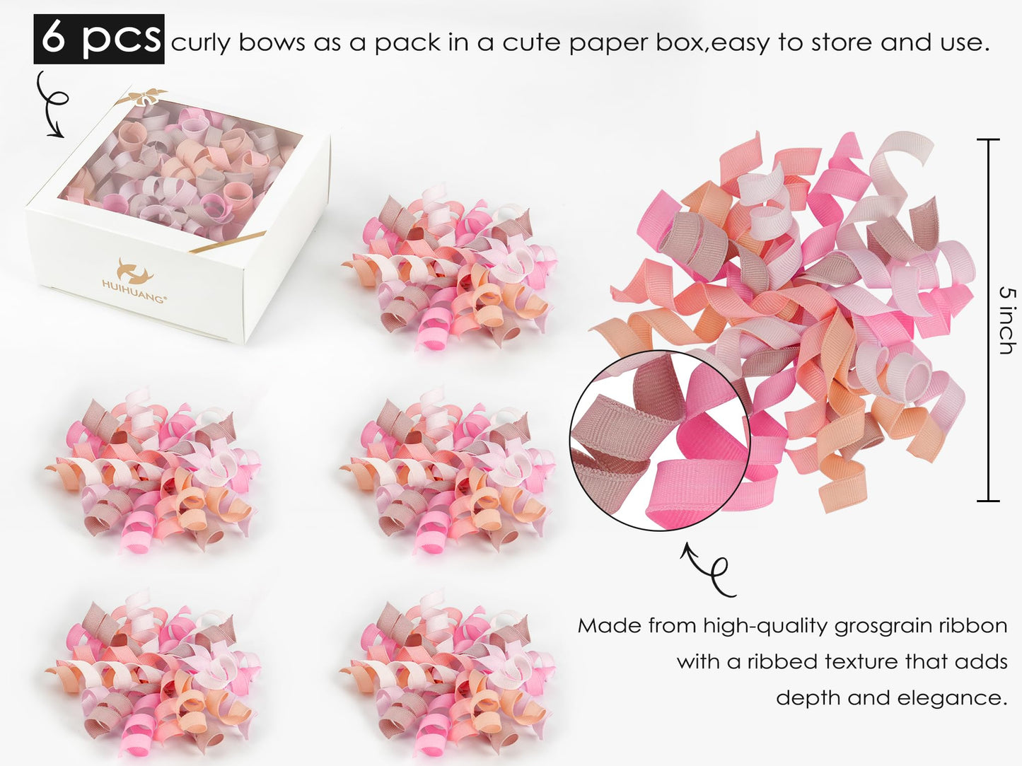 HUIHUANG Dusty Pink & Rose Bows for Gift Wrapping, Self-Adhesive Curly Ribbons for Presents, Wine Bottles, Treat Bags, Birthday & Wedding Favors - 6 Counts