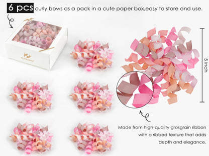 HUIHUANG Dusty Pink & Rose Bows for Gift Wrapping, Self-Adhesive Curly Ribbons for Presents, Wine Bottles, Treat Bags, Birthday & Wedding Favors - 6 Counts