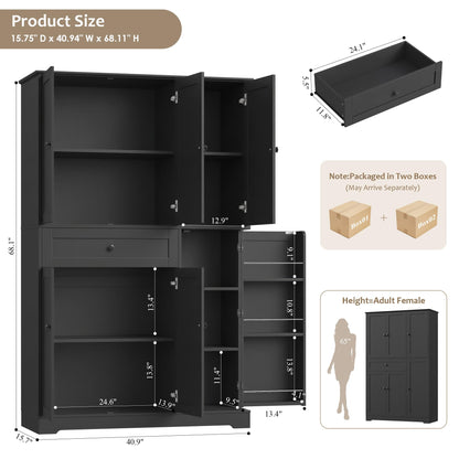 HOSTACK 68" Tall Kitchen Pantry Storage Cabinet, Modern Kitchen Hutch Cabinet with Doors and Shelves, Freestanding Food Pantry with Large Storage Drawer for Dining Room, Living Room, Black