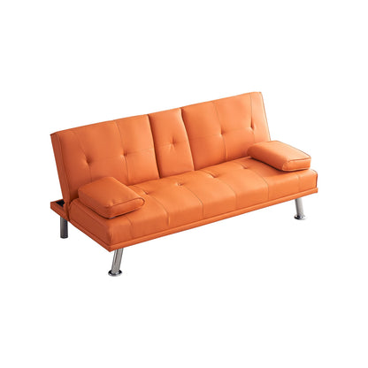 KEIKI 67" Leather Folding Futon Sofa w/Cup Holder & Adjustable Backrest, Mid Century Modern Couch Loveseat Convertible to Sleeper Bed, Comfy Cloud Couch SofaBed for Living Room & Bedroom, Orange