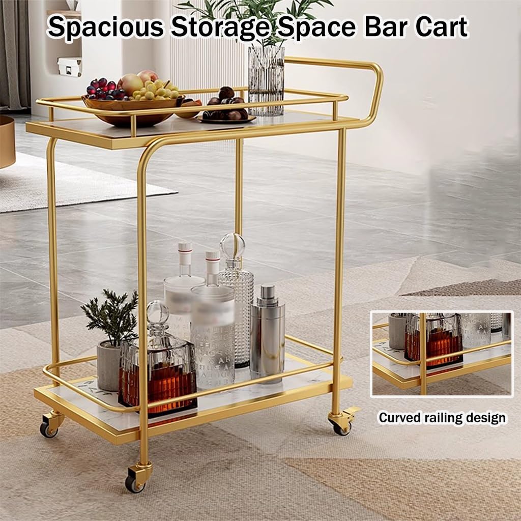 FGQuelleBM Commercial 2/3-Tier Serving Cart with Handles, Rectangular Beverage Cart with Brake Wheels, Marble-Pattern Top & Fence for Cakes(Gold White A)