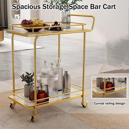 FGQuelleBM Commercial 2/3-Tier Serving Cart with Handles, Rectangular Beverage Cart with Brake Wheels, Marble-Pattern Top & Fence for Cakes(Gold White A)