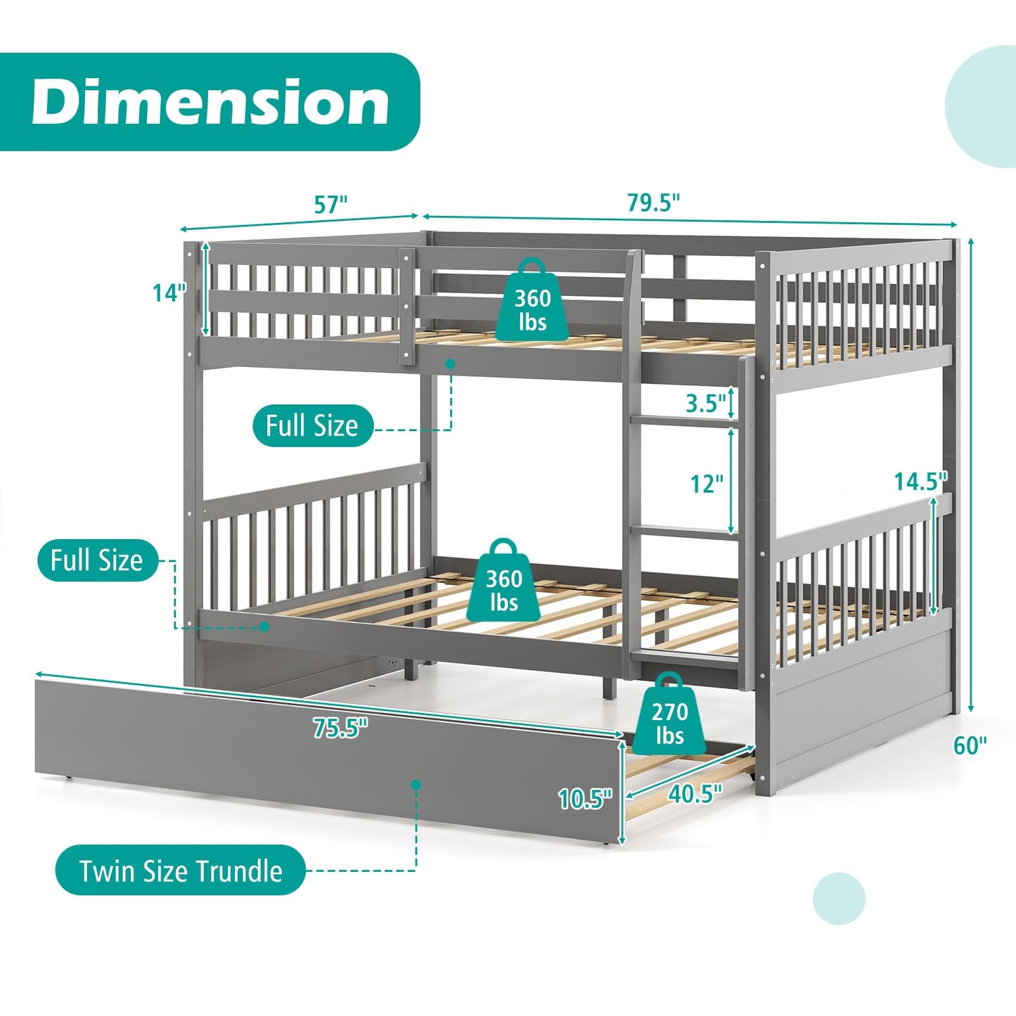 Giantex Full Over Full Bunk Bed with Trundle, Solid Wood Trundle Bed Frame w/Guardrails and Ladder, Convertible to 2 Beds, Full Size Bunk Beds for Adults Kids Teens, No Box Spring Needed, Grey