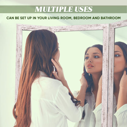 Houseables Trifold Mirror Full Length, 3 Way Mirror, Floor Length, Three Way Folding, Standing, Full Body, Wood Framed, 3 Sided for Bedroom, Makeup, Oversized, Foldable, White, 71 x 32 to 65 Inch