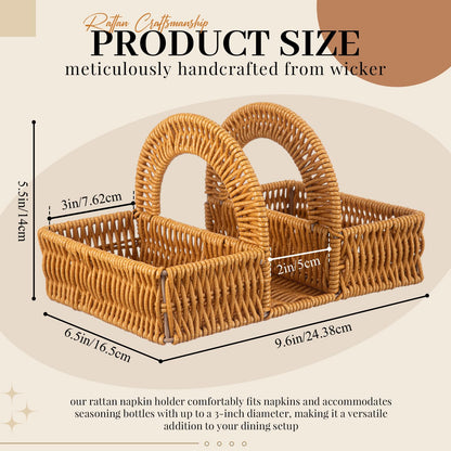 Boho Rattan Napkin Holder with Spice Rack Woven Dining Table Organizer for Napkins, Condiments Utensils Kitchen Counter Decor, Rustic Picnic Party Serving Caddy