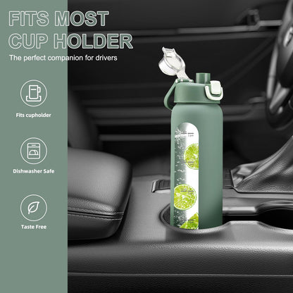 chunmo 32 oz Glass Water Bottles with 2 Lids-Handle Spout Lid & Straw Lid, 1 Liter Motivational Borosilicate Water Bottle with Time Marker and Silicone Sleeve,Leakproof-Olive-1 Pack