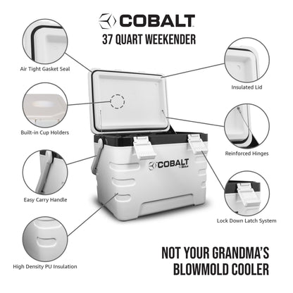 37 Quart Cobalt Weekender Cooler - Ice Chest by Blue Coolers for Camping, Sports Events, and Barbecues (Full Day Ice Retention) (White)