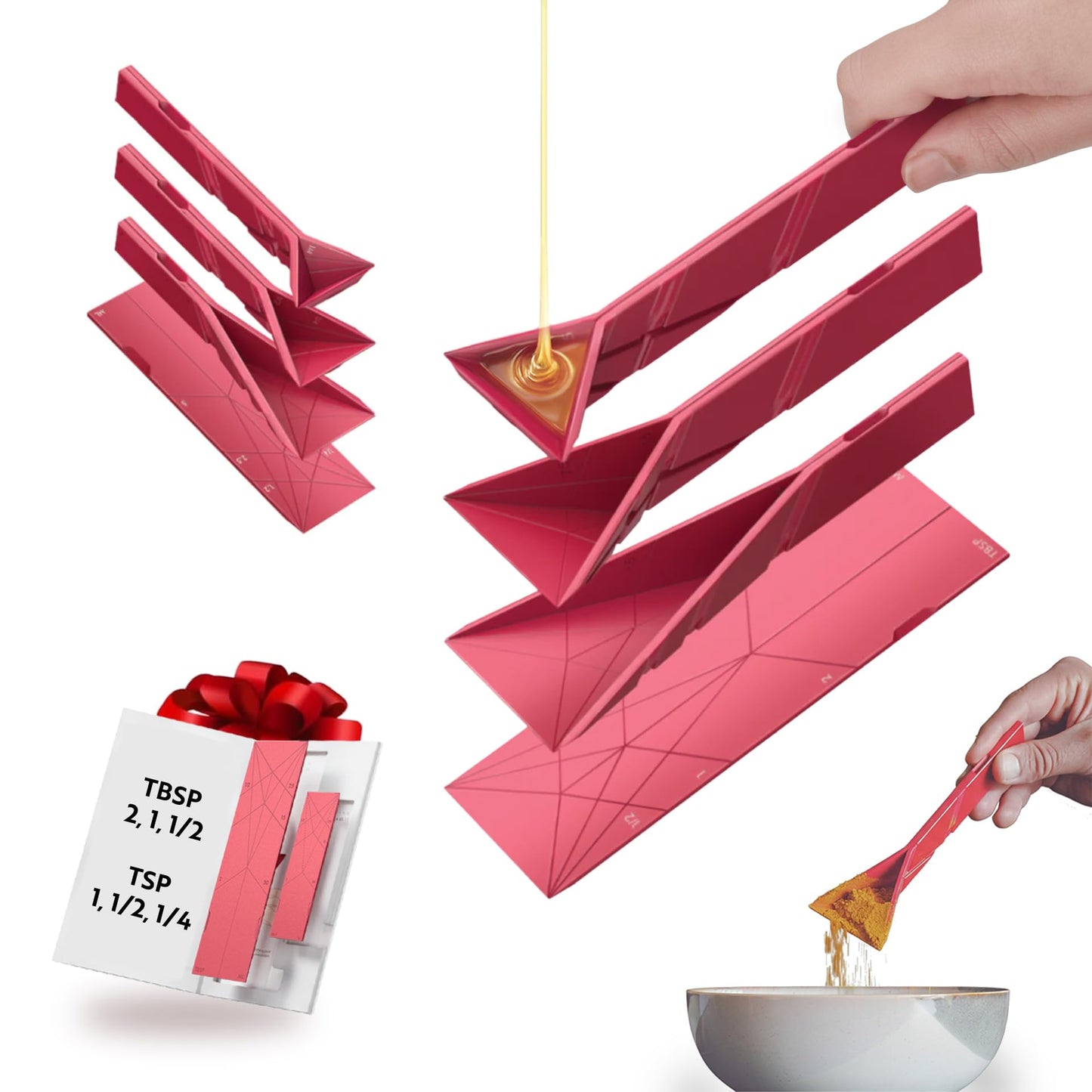 POLYGONS - Original Flat 3-in-1 Folding Measuring Spoons | 2 Spoons fold into 6 Sizes | Magnetic | DuraBend Tech lasts 100k+ folds | LeakProof for Wet & Dry | Gift Packaging | Baking/Cooking (Maroon)