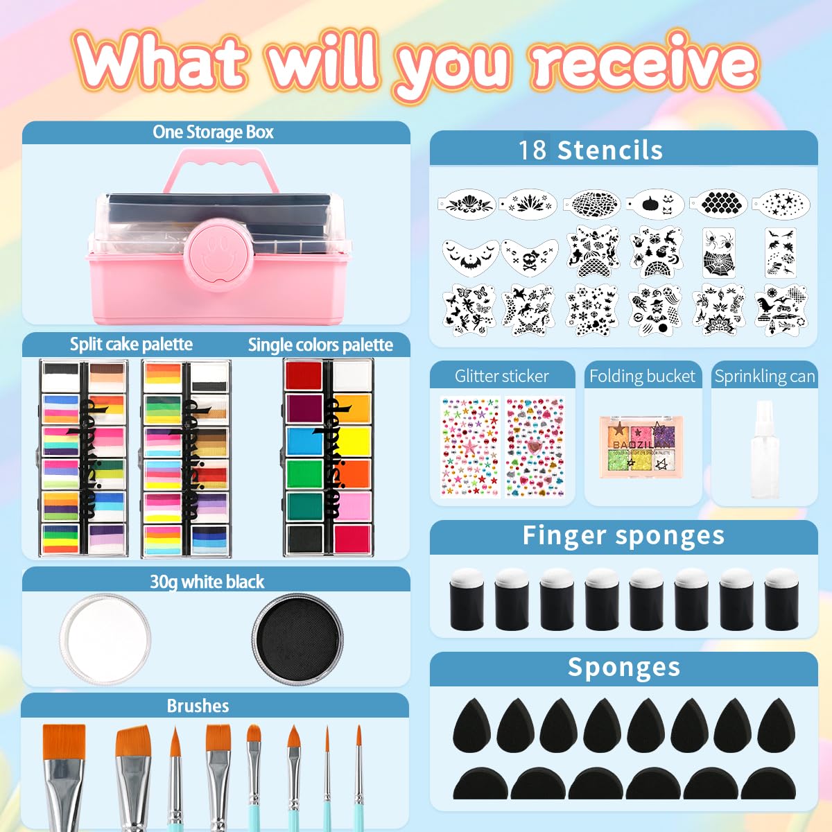 Professional Face Painting kit 110 Colors Split Cake Face Paint 96 pcs Set Non-Toxic Washable & Safe with Brushes Sponges Glitter Stencils for Halloween Makeup Kit for Pro Face Painter full kit