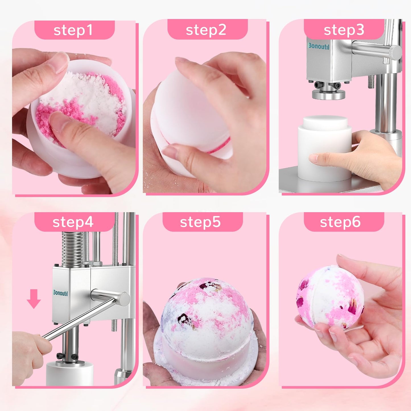 Bonoutil Bath Bomb Press Machine with 6 Molds, Heavy Duty Adjustable Height Bath Bomb Machine DIY Soap Press