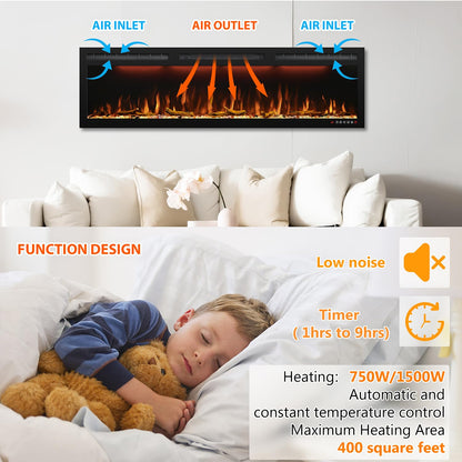 88" Electric Fireplace, Recessed/in-Wall or Wall Mounted, Large Linear 80-90", Ultra-Narrow Frame, 3 Flame Colors & Top Lighting, Timer, Remote, Log & Crystal Media, 1500W Heater