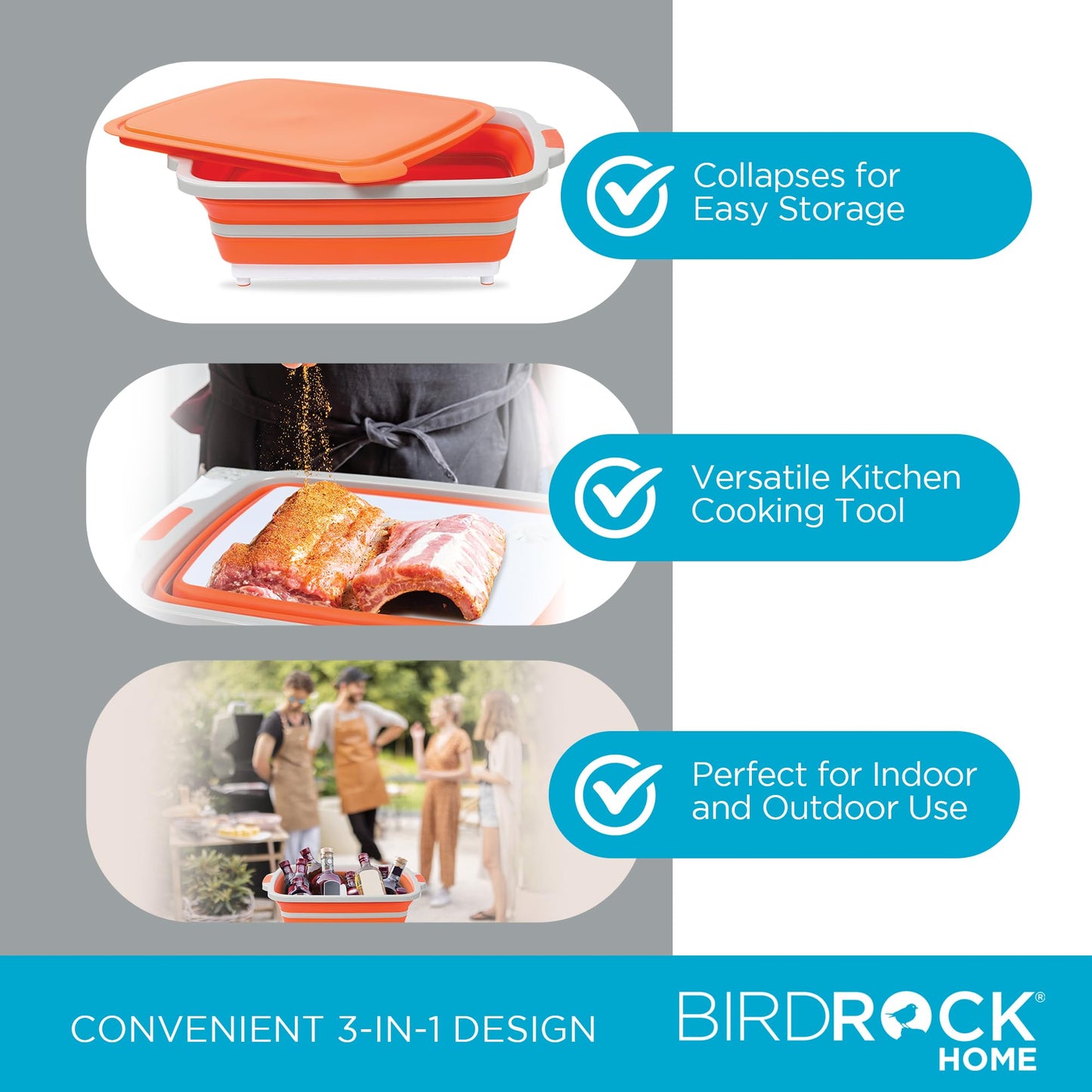 BIRDROCK HOME Collapsible Food Prep & Cutting Board and Grill Caddy Tub with Colander & Lid | Multifunctional Kitchen Vegetable Washing Basket | Silicone Dish Tub for BBQ, Picnic, Tailgate and Camping