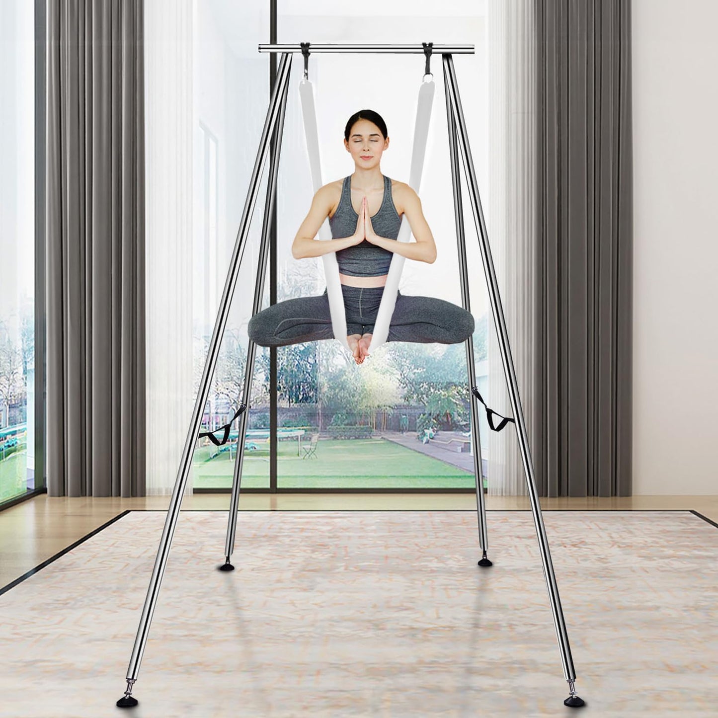VEVOR Aerial Yoga Frame & Hammock Set, 9.67ft Yoga Swing Frame with 6.6-Yard Nylon Hammock, Heavy-Duty Premium Stand, 551.15 lbs Max Capacity Rig, for Indoor & Outdoor Aerial Fitness Training (White)