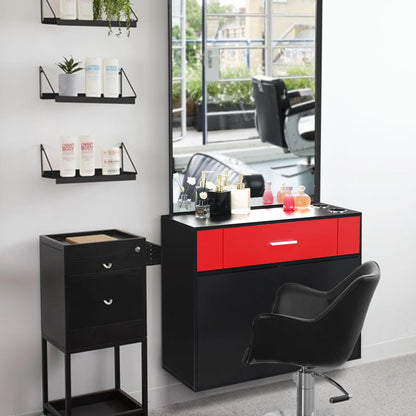 Black Salon Stations for Hair Stylist, Barber Station Organizer, Wall Mount Hair Styling Equipment, Wall Mount Barber Station Hair Styling with Mirror Dressing Table Beauty Salon Spa Equipment Set