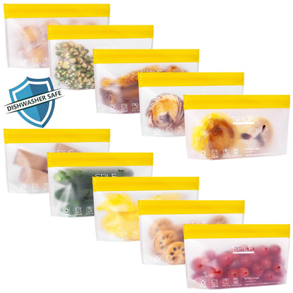 SPLF 10 Pack Stand-Up Reusable Food Storage Bags Dishwasher Safe, BPA Free Reusable Freezer Bags, Extra Thick Leakproof for Meal Prep, Sandwich, Bread, Veggies - 3 Gallon 4 Quart 3 Snack