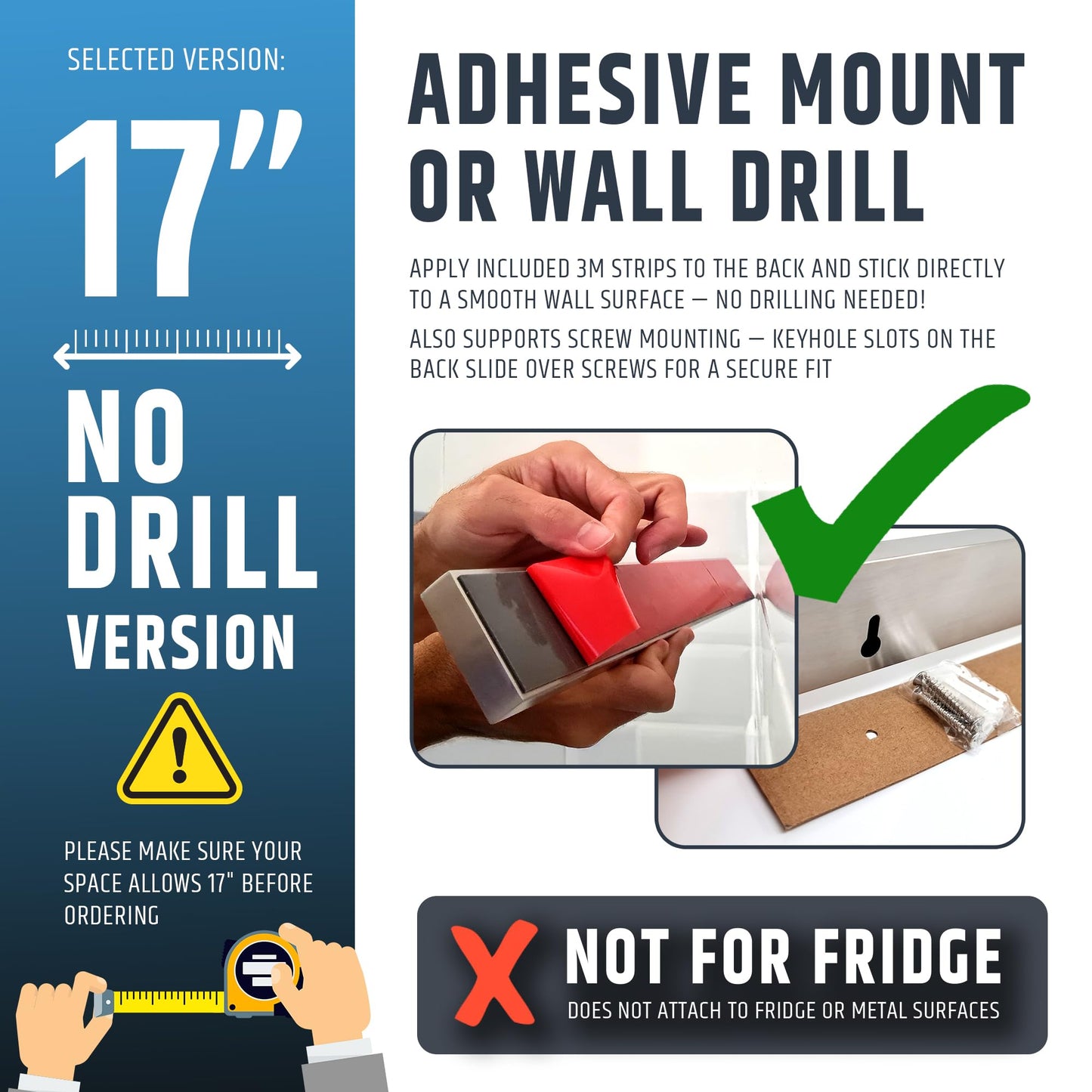 17" Strong Adhesive (No Drill) Magnetic Knife Holder for Wall - Professional Knife Strip - No Screws Needed - Adhesive Backing - Stainless Steel Knife Bar (Upgraded Version – Will Not Fall)