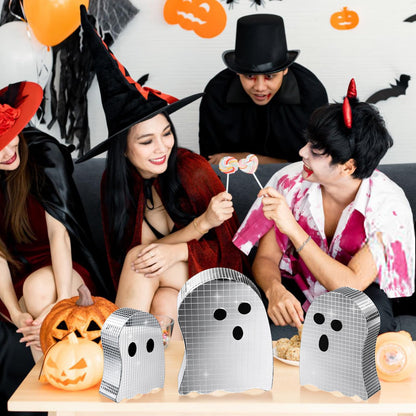 3 Pcs Halloween Disco Ghost Decor,5.9" 7" 8.2" Ghost Mirror Disco Ball Indoor Glitter Spooky Ghost Sign Halloween Tiered Tray Decor Mosaic Table Centerpiece for Party Gift (Silver)