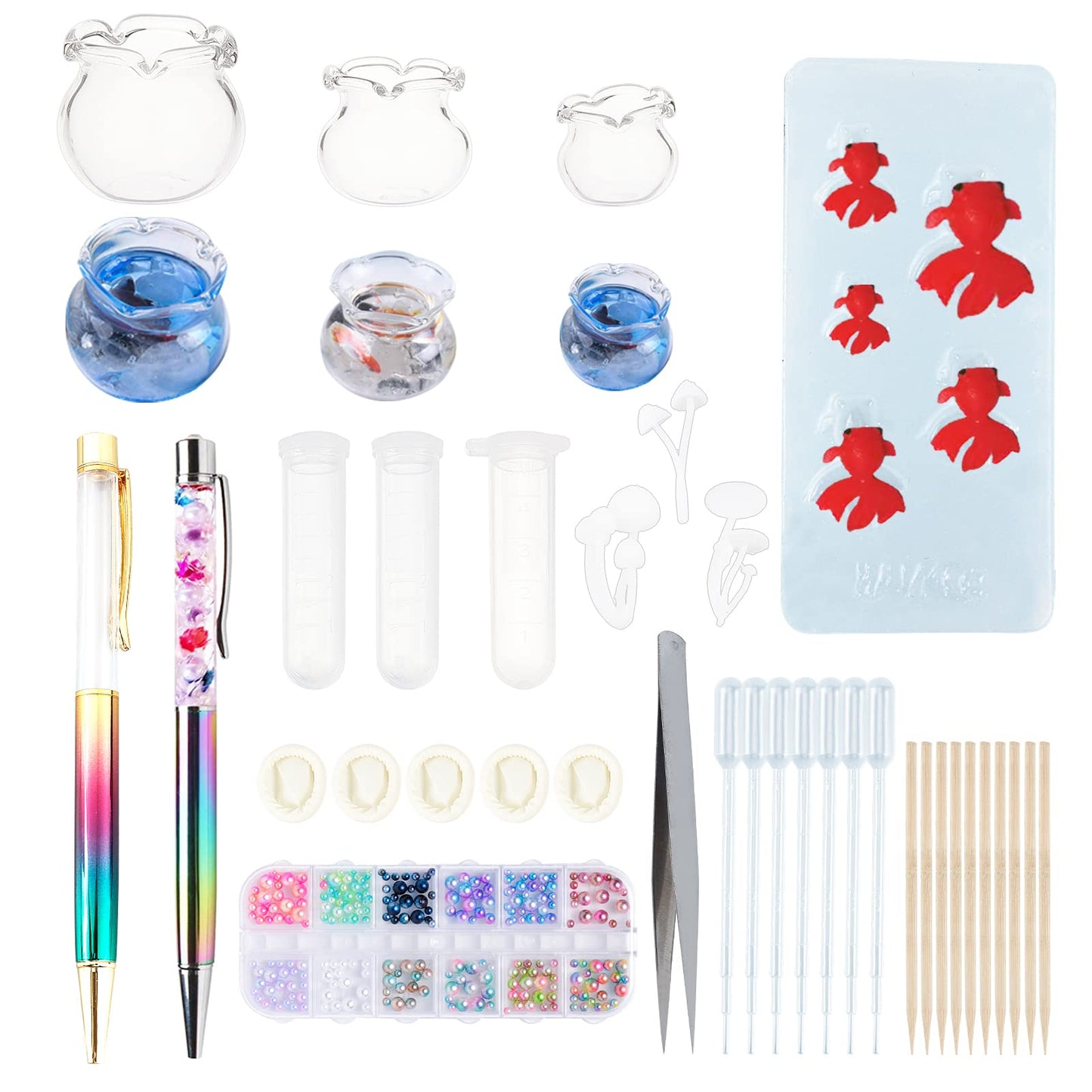 OLYCRAFT 55PCS Miniature Koi Fish Mold Set Silicone Molds for Resin Koi Fish Shaped Resin Molds Glass Goldfish Bowl, Pearl, Mushroom Botanical Terrarium Craft Set for Epoxy Resin DIY Crafts