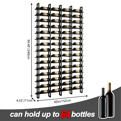 RAJYQODIS Large Wall Mount Wine Rack, 16 Tier 64 Bottle Wine Storage Organizer Display Holder, Metal Liquor Display for Wine Cellars, Home Bars, Kitchens, and Dining Rooms (Black, 64 Bottles)
