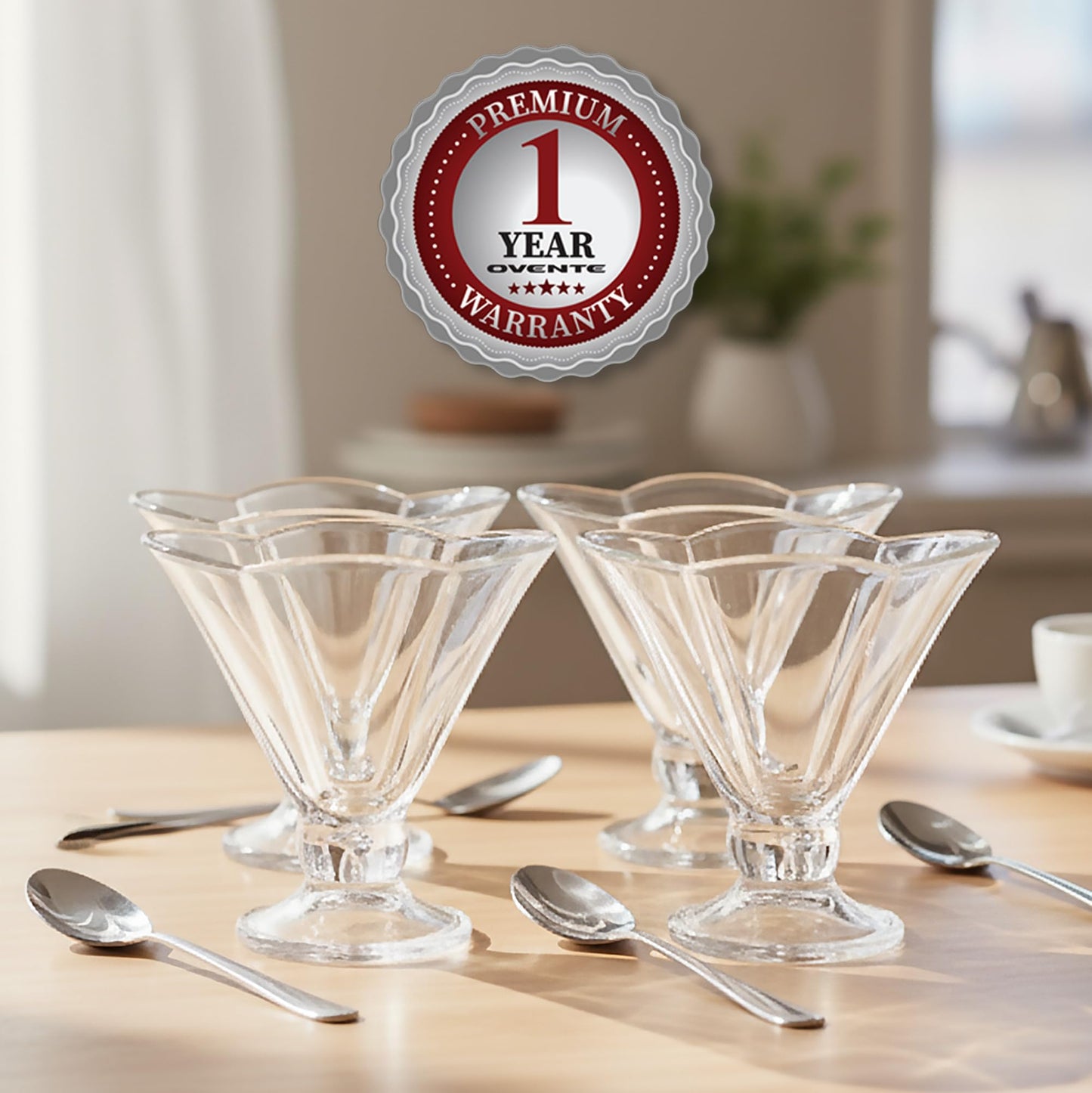 OVENTE 4 Pack Glass Dessert Bowls with Spoons, 6 Oz Footed Ice Cream Cups for Sundae, Fruit, Salad, Cocktail, Snack or Trifle, All Purpose Serving Bowl Ideal for Christmas Holiday Party, Clear ICGBSS4