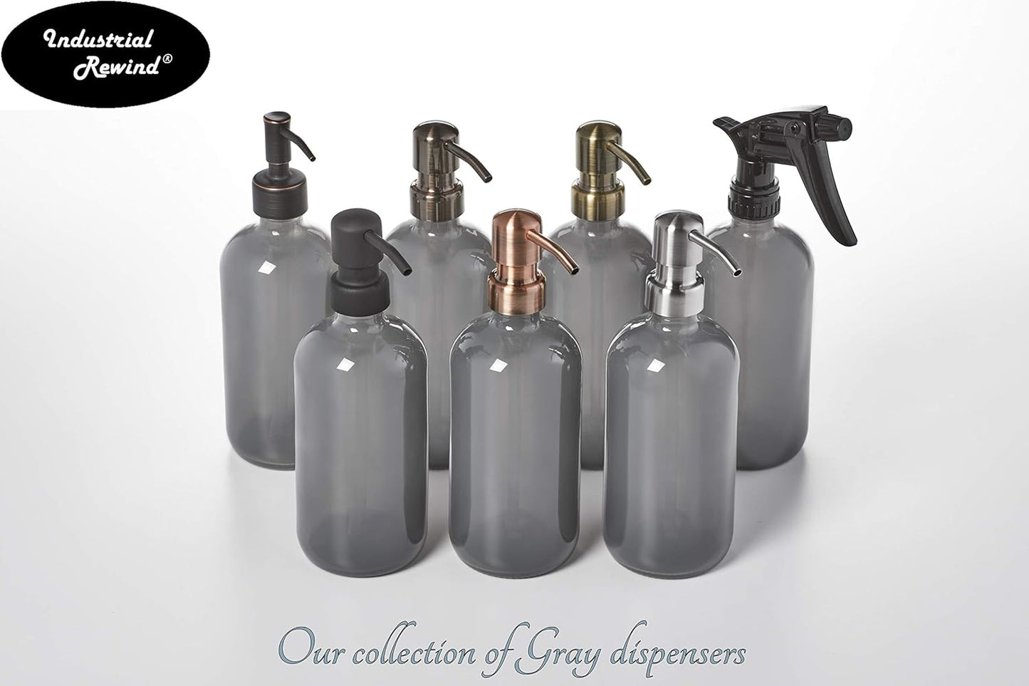 Gray Soap Dispenser with Black Pump, Non-Slip Coaster, Semi Translucent Smokey Grey 16oz Glass Bottle