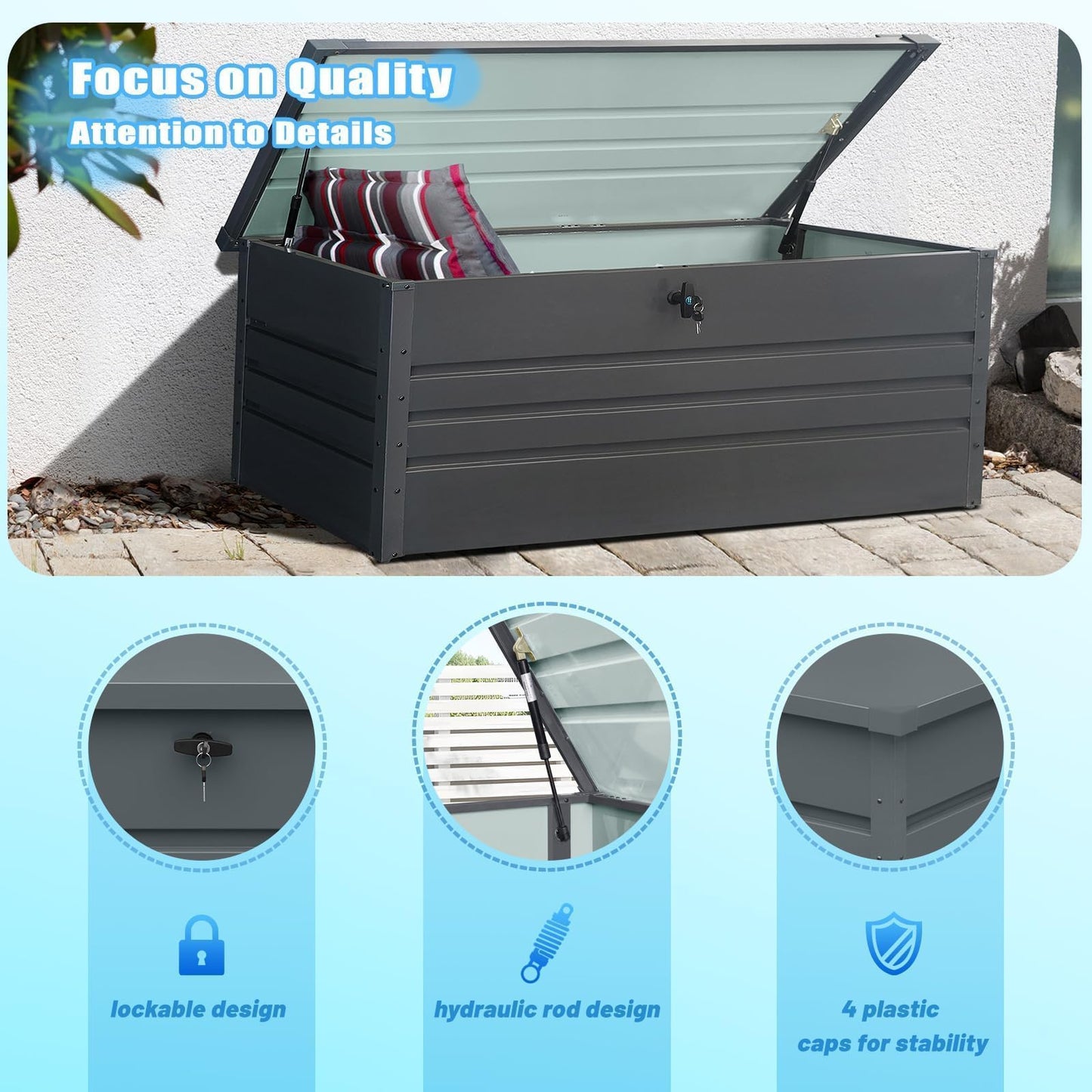 Zolyndo 260 Gallon Waterproof Metal Deck Box, Extra Large Outdoor Storage Box with Hydraulic Lid for Outside Patio, Cushions, Garden Tools, Pool Supplies (Black)