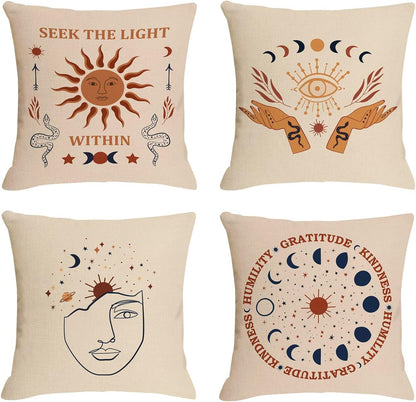 18x18 Set 4 Jartinle Hippie Pillow Covers Tarot Sun Moon Boho Throw Pillow Covers Witchy Evil Eye Celestial Cushion