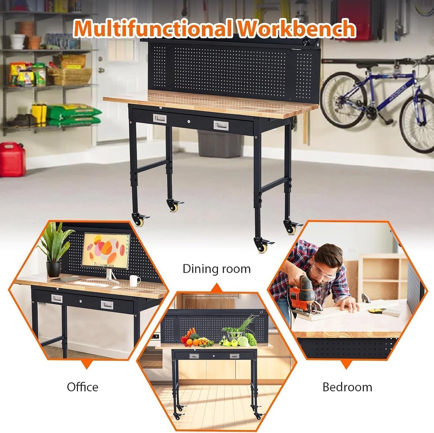 Adjustable Workbench for Garage, 48" Heavy Duty Rolling Work Bench with Power Outlet & Storage Drawer, 2000 LBS Capacity Solid Wood Top Shop Table for Workshop Home Office