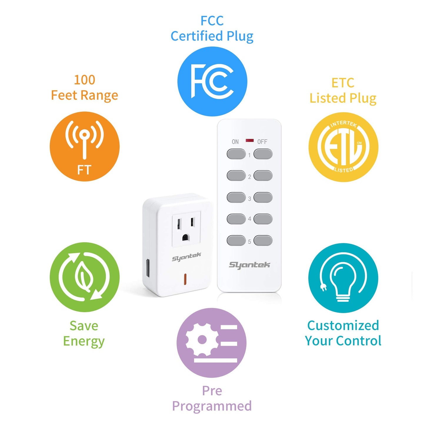 Remote Control Outlet Wireless Light Switch for Household Appliances, Expandable Remote Light Switch Kit, Up to 100 ft Range, White (5 Outlets + 2 Remotes)
