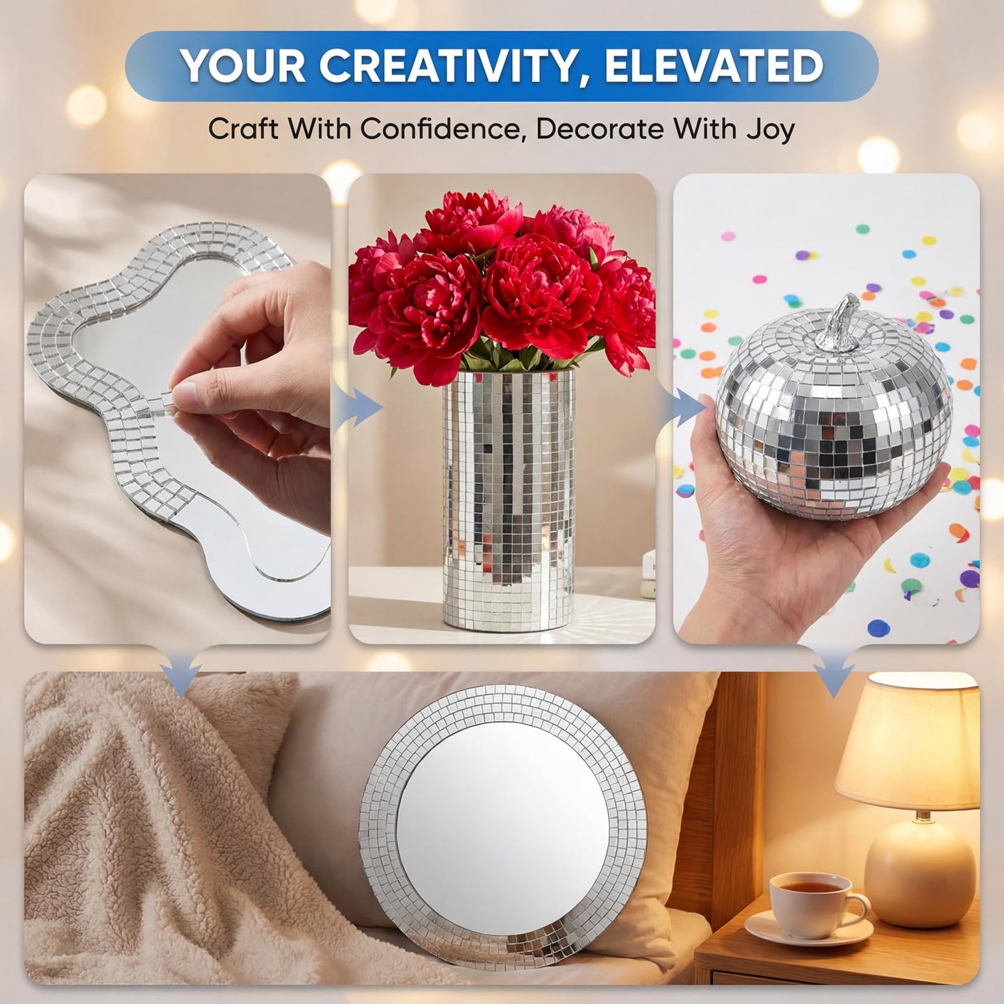 Yuanan 12000 PCS Disco Ball Mirror Tiles, 5×5 Mm Self Adhesive Mirror Mosaic Tiles Bulk Glass Mosaic Stickers Extra Sticky for Flower Pots, Glassware, Cups, DIY Crafts, Party and Home
