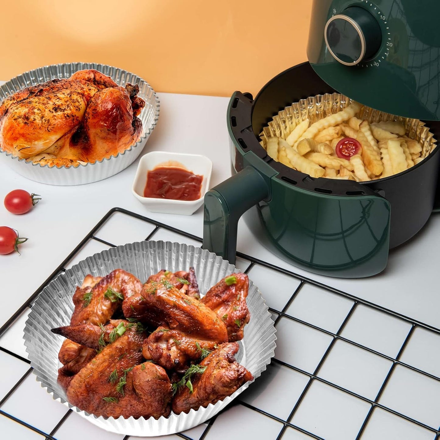 100 PCS Aluminum Foil Air Fryer Liners, Non-stick Air Fryer Disposable Paper Liner, Oil-proof Water-proof Sheets, Food Grade Aluminum Foil for Baking, Frying, Grilling, Roasting Microwave