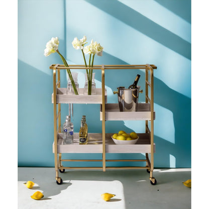 roomfitters Vorrik Gold and White Washed Serving Cart, Glamorous 3-Tier Hollywood Regency Rolling Trolley, 3 Adjustable White Washed Wood Trays